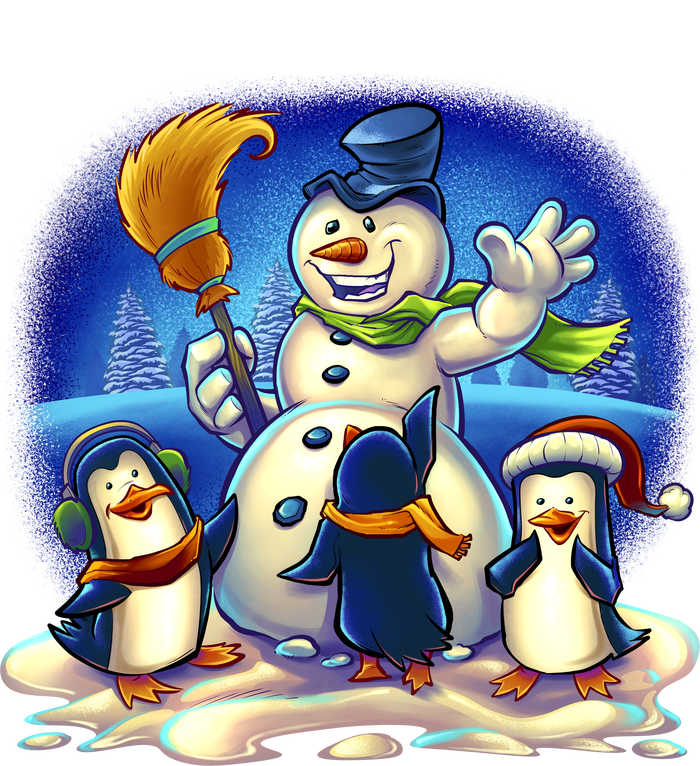 Snowman With Penguins Having Fun T-Shirt