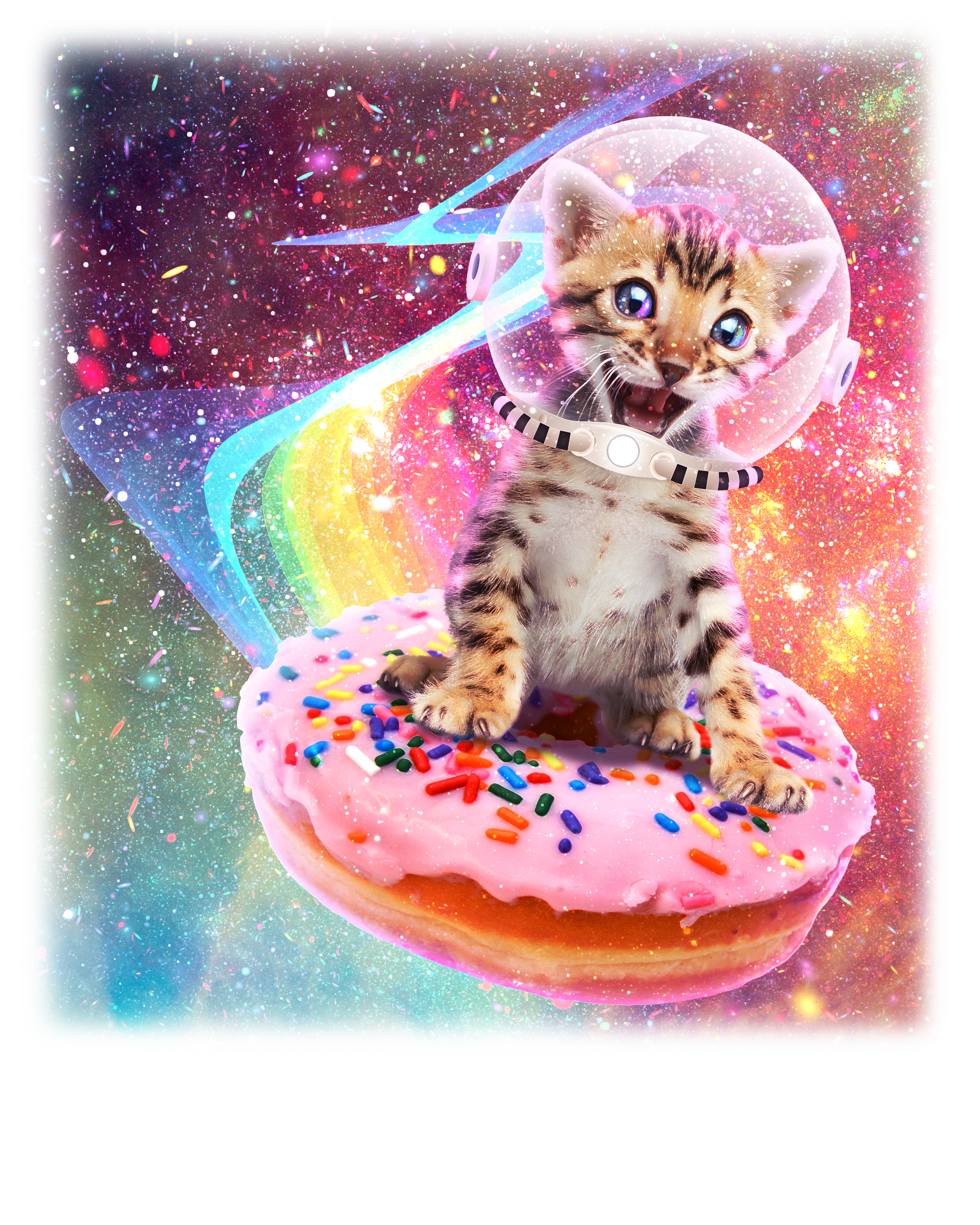 Funny Cute Astronaut Kitty On Rainbow Sprinkle Donut V-Neck T-Shirt