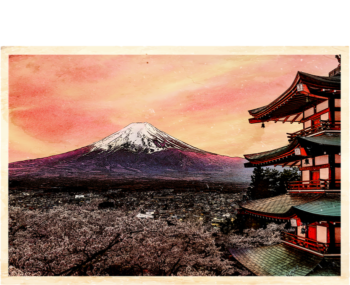 Vintage Japanese Mt. Fuji Pagoda and Cherry Blossoms Canvas