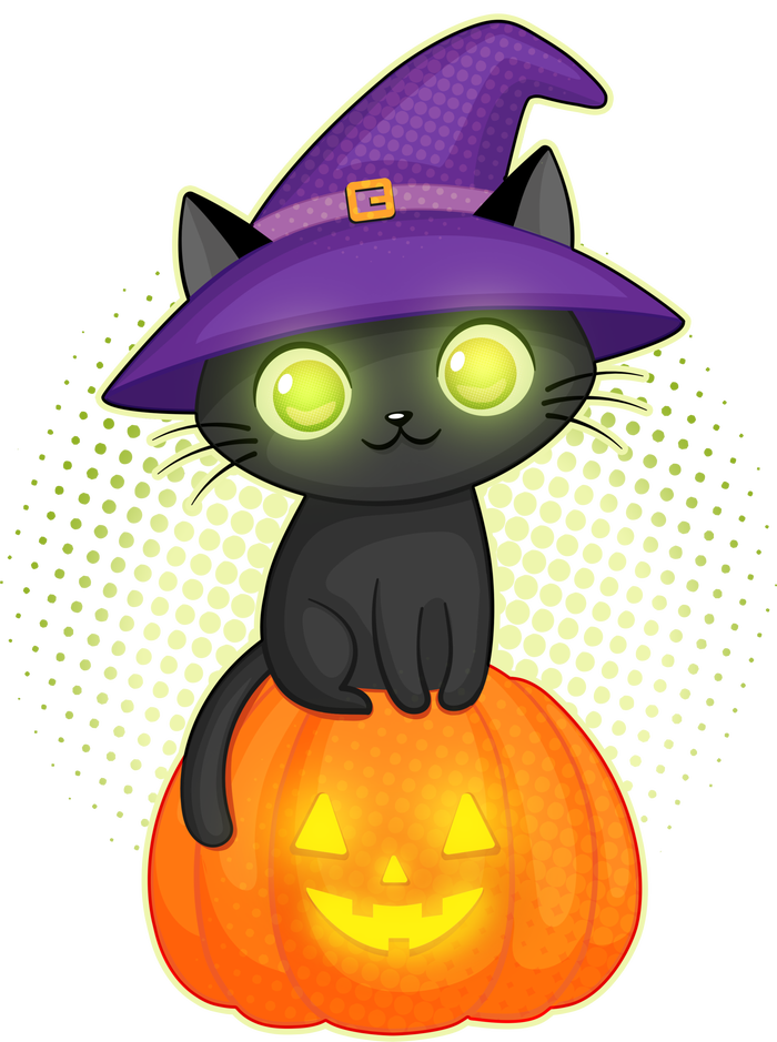 Cute Witch Kitten With Pumpkin Striped Beanie with Solid Band