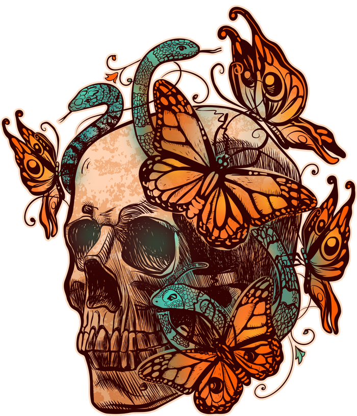 Vintage Graphic Skull Snakes And Butterflies  T-Shirt