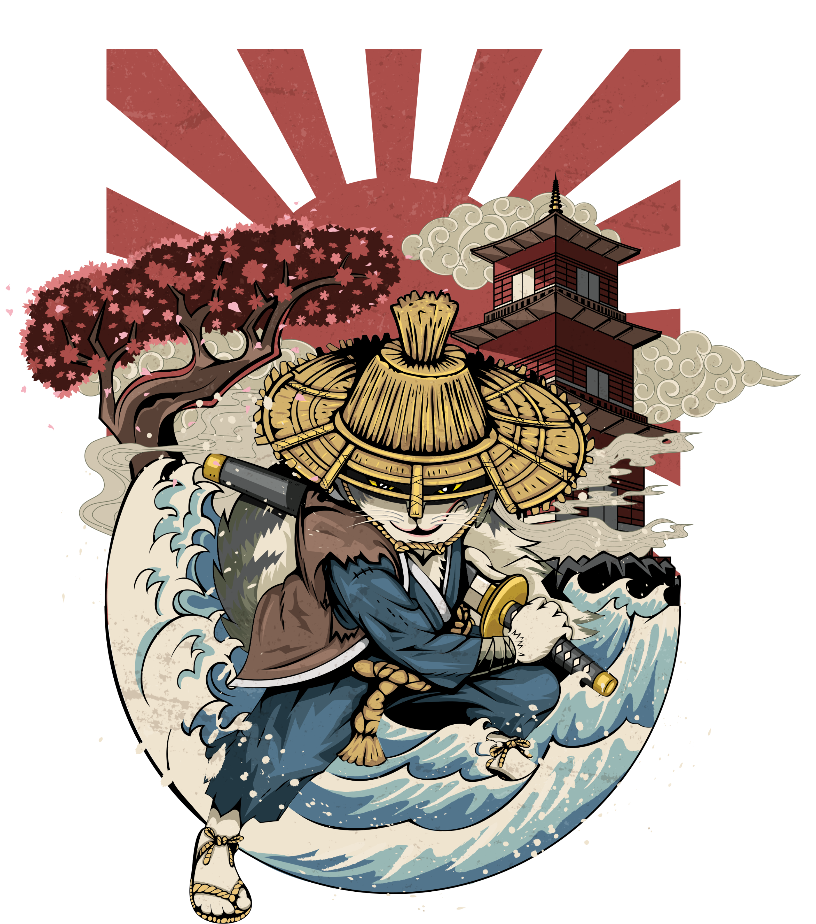 Cool Japanese Samurai Cat Neko Blue Wave T-Shirt