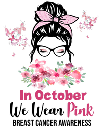 In October We Wear Pink Breast Cancer Messy Bun Floral Kids Long Sleeve Shirt