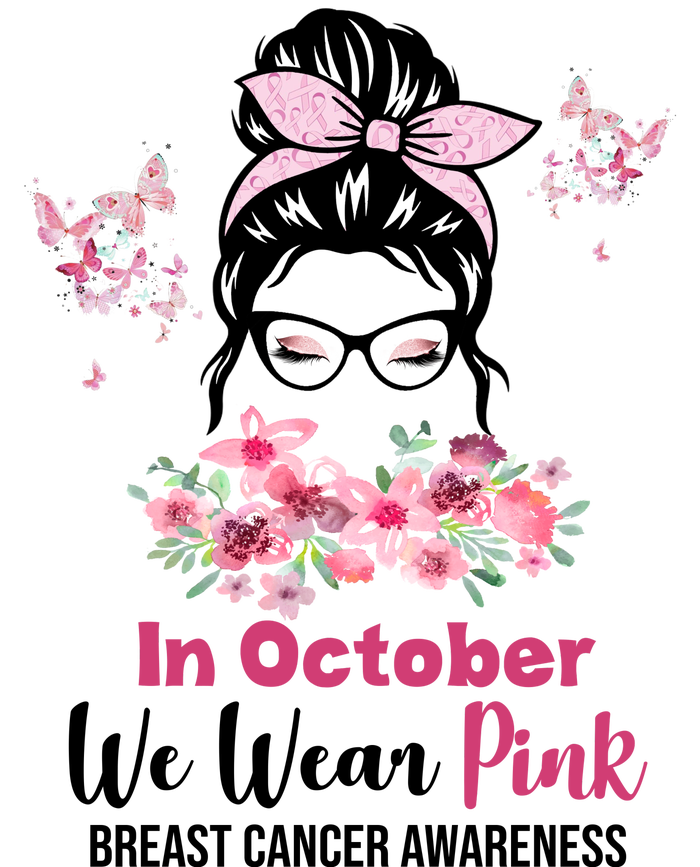 In October We Wear Pink Breast Cancer Messy Bun Floral Kids Long Sleeve Shirt