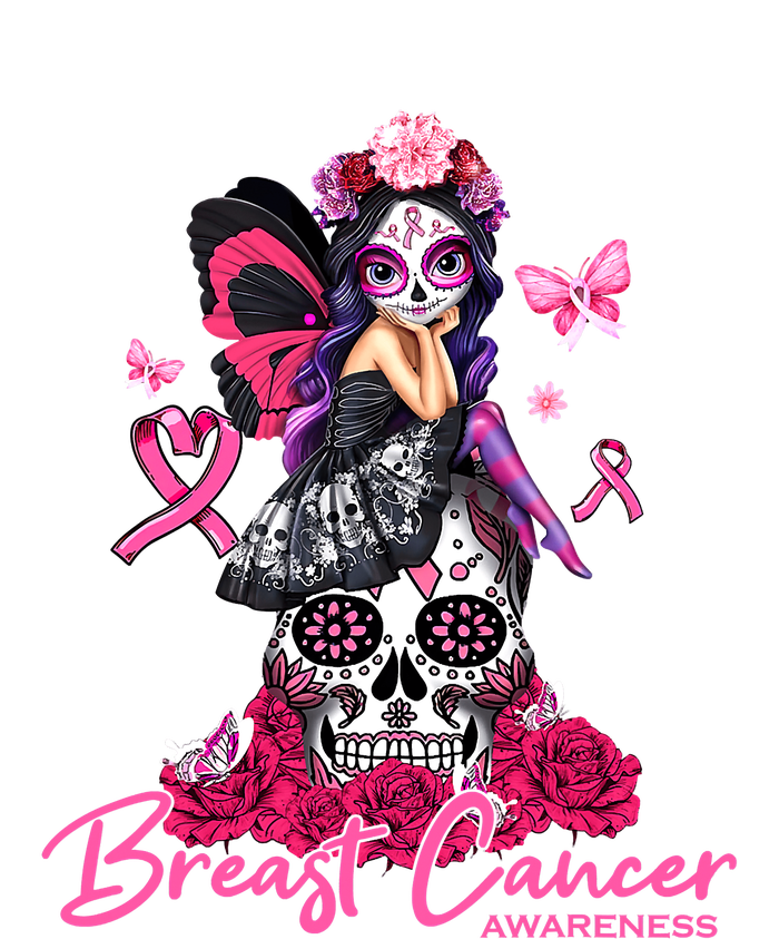 Sugar Skull Fight Breast Cancer Awareness Like A Girl Ribbon Ladies Long Sleeve Shirt