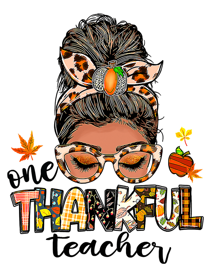 One Thankful Mama Messy Bun Leopard Mom Fall Thanksgiving T-Shirt