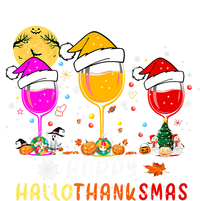 Funny Happy Hallothanksmas Wine Glasses Santa Hat Pumpkin T-Shirt