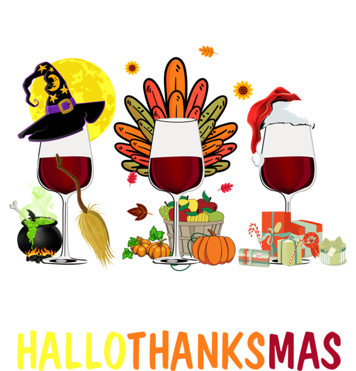 Happy Hallothanksmas Wine Glasses Witch Santa Hat Turkey Gift V-Neck T-Shirt