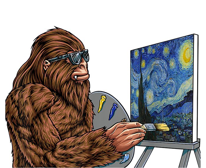 Starry Night Bigfoot Painting Funny Sasquatch Graphic Art V-Neck T-Shirt