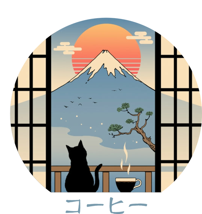 Japanese Cat Mountain Sunset V-Neck T-Shirt