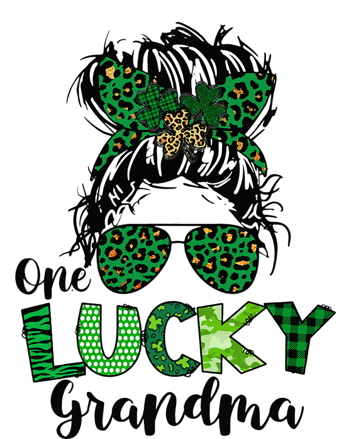 One Lucky Grandma Messy Bun St Patricks Day Leopard Shamrock T-Shirt