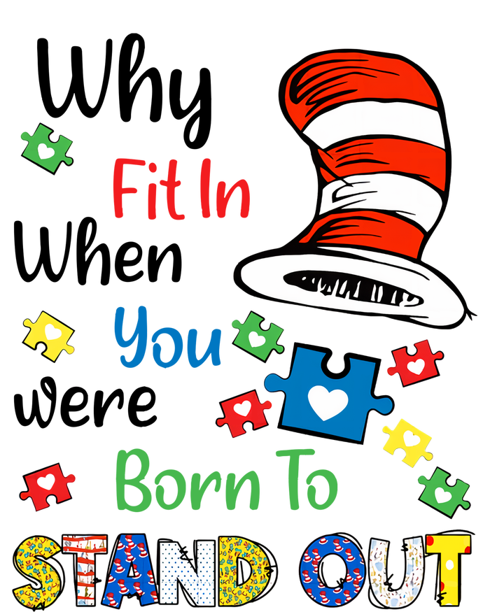 Why Fit In When You Were Born To Stand Out Autism Awareness Cat In Hat Puzzle Knit Cap Winter Beanie