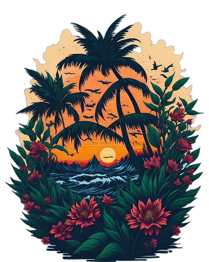 Cute Mountain Sunset Palm Trees Ocean Graphic T-Shirt