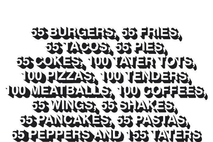 55 Burgers 55 Fries 55 Tacos 55 Pies 55 Cokes Button