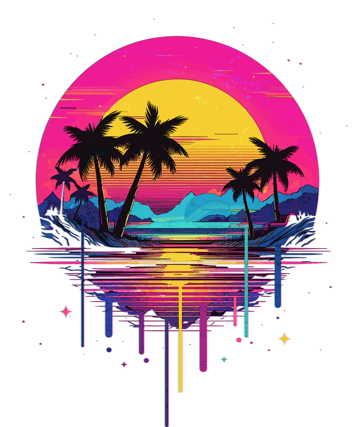 Retro 1980s Palm Tree Sunset Sunrise Pain Drip T-Shirt