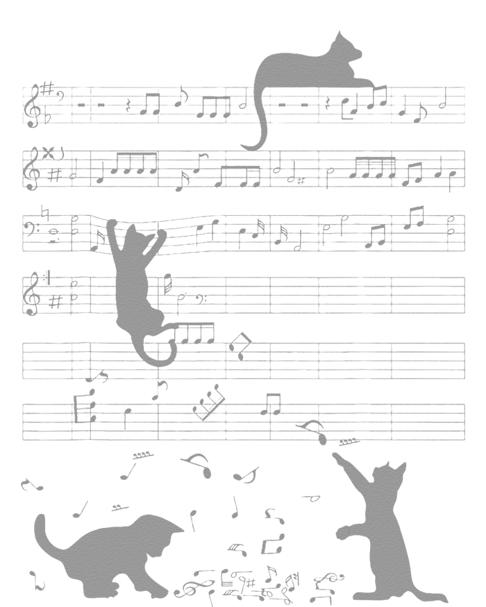 Cute Cats Music Notes Grey Musician Art T-Shirt