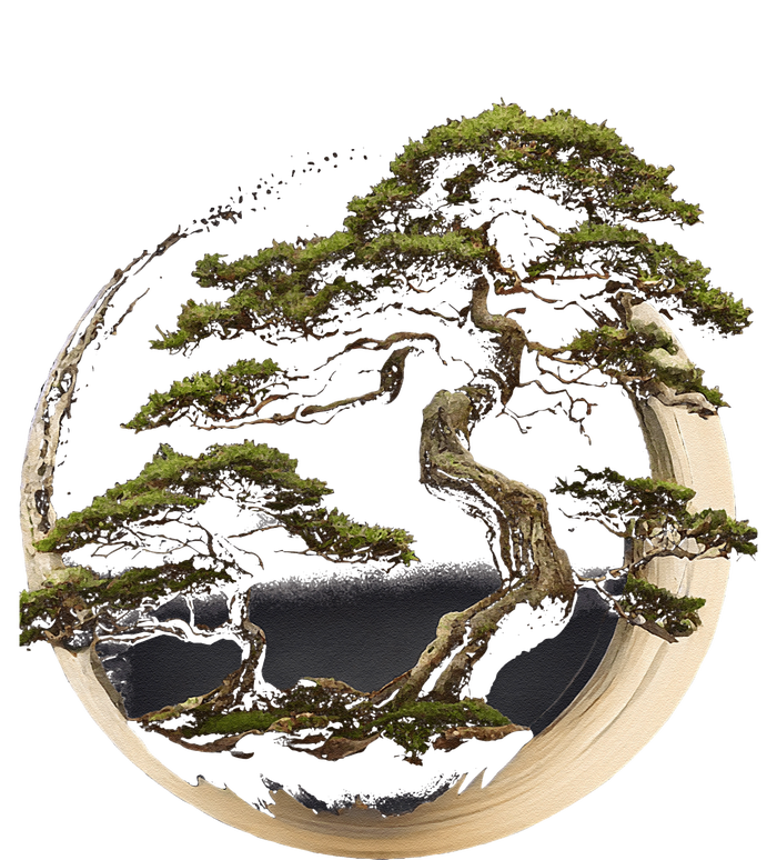 Graphic Bonsai Tree In Japanese Zen Buddhist Enso Dry Zone Grid Polo