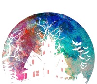 Creepy Haunted House & Spooky Watercolor Full Moon Halloween T-Shirt