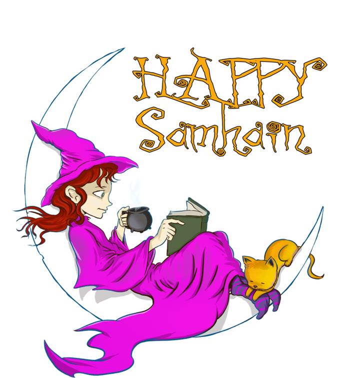 Happy Samhain Purple Witch Books Coffee Cats Moon Halloween Meaningful Gift T-Shirt