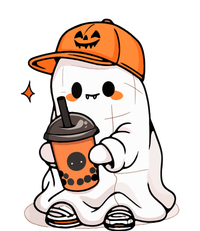 Halloween Spooky Season Cute Little Ghost Drinking Coffee Gift Striped Beanie with Solid Band