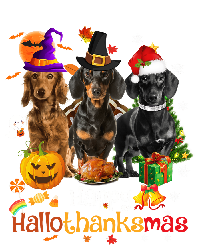 Happy Hallothanksmas Dachshund Halloween Thanksgiving Xmas V-Neck T-Shirt