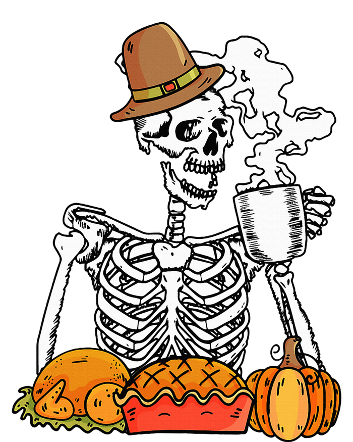 Skeleton Drinking Coffee Thanksgiving Pumpkin Pie Turkey T-Shirt