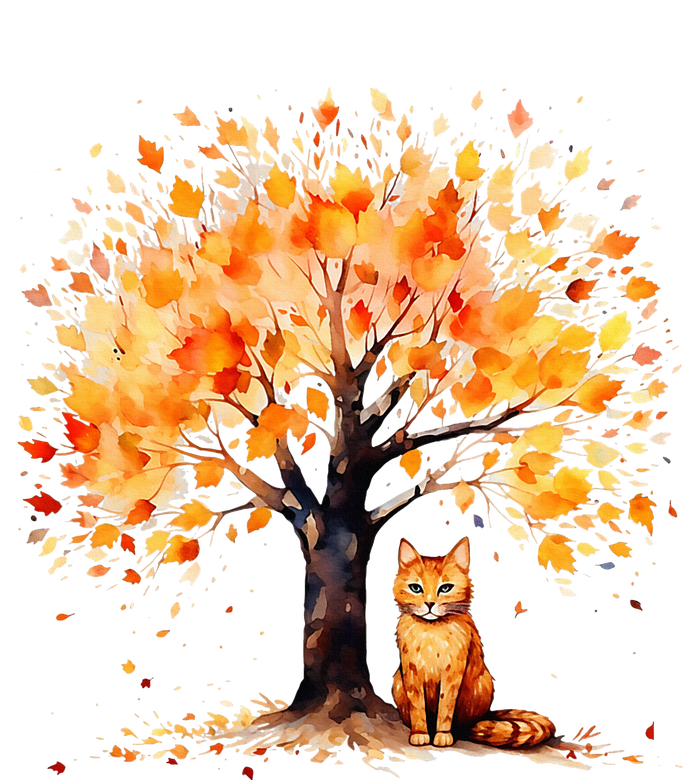 Artistic Fall Tree with Orange Tabby Cat Watercolor Ladies Long Sleeve Shirt