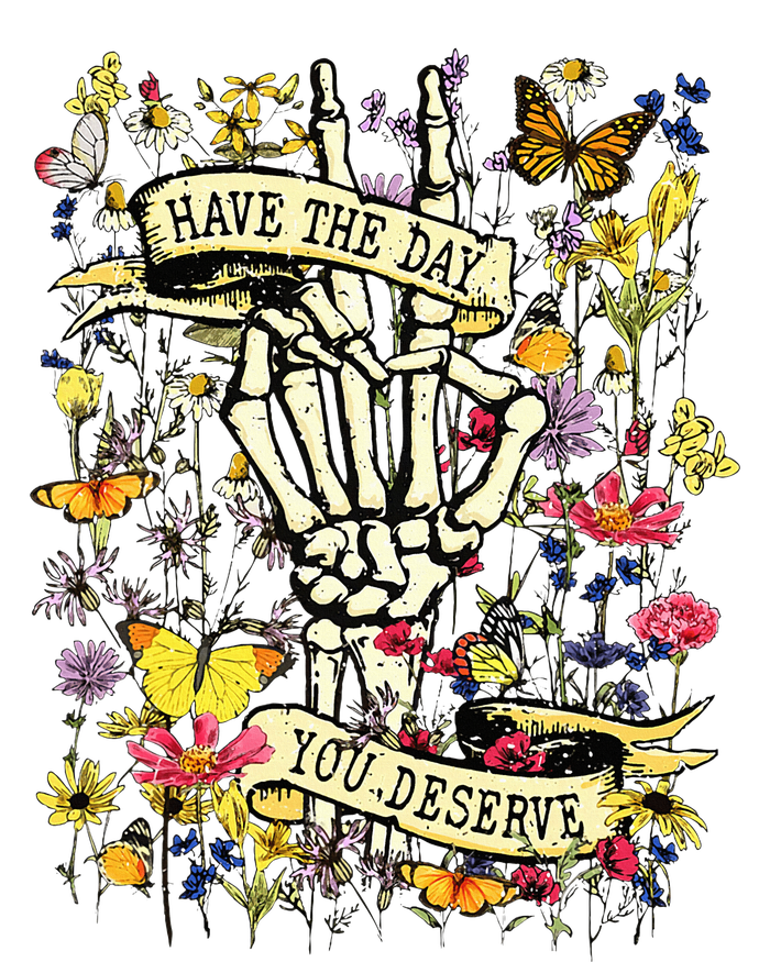 Have The Day You Deserve Skeleton Peace Hand Sign Floral Women's V-Neck T-Shirt