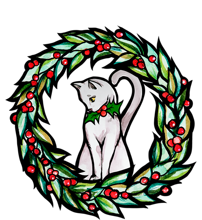 White Cat Christmas Wreath Art Funny Gift T-Shirt