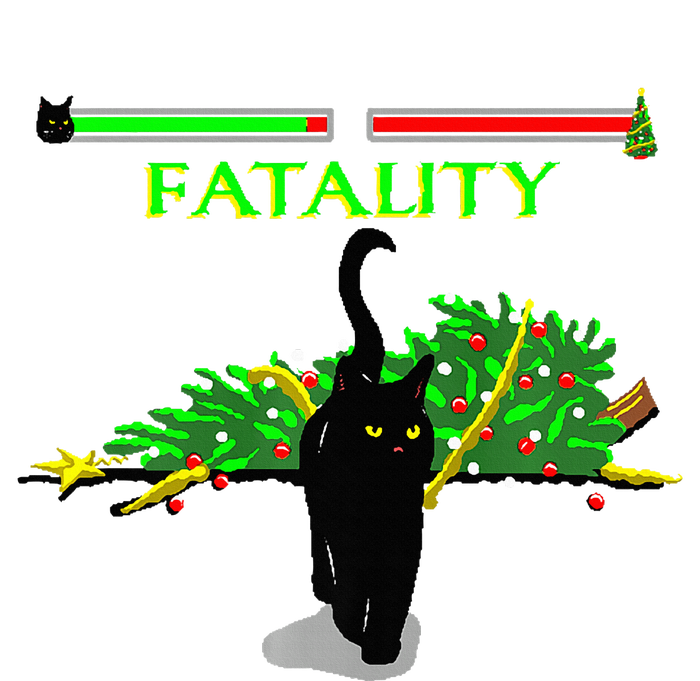 Black Cat Vs Christmas Tree Retro Video Fighting Game Funny T-Shirt