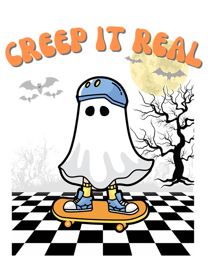 Groovy Halloween Creep It Real Retro Skateboarding Ghost Gift Full-Length Apron With Pockets