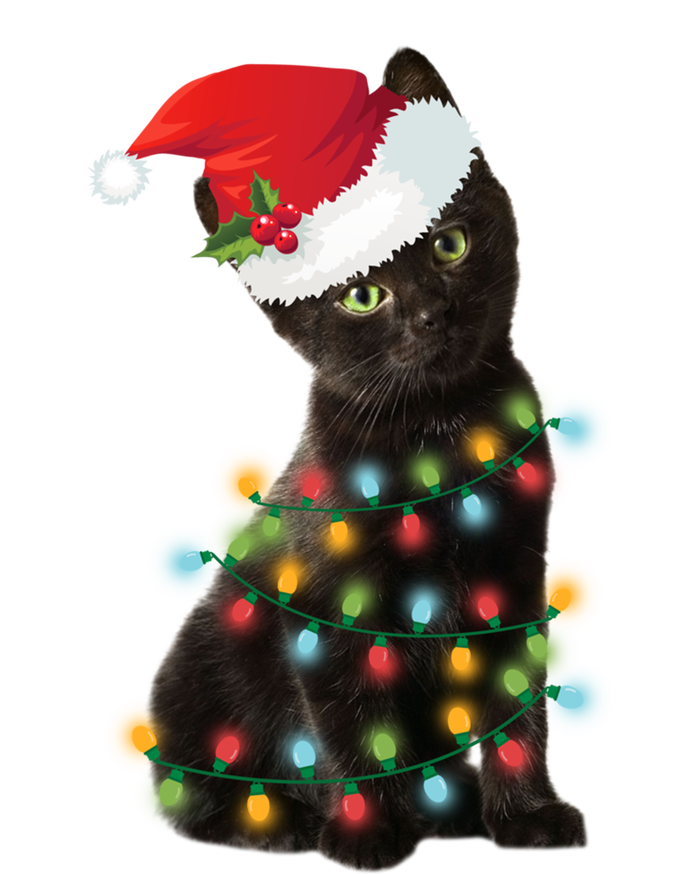 Santa Black Cat Tangled Up In Christmas Tree Lights Holiday Gift T-Shirt