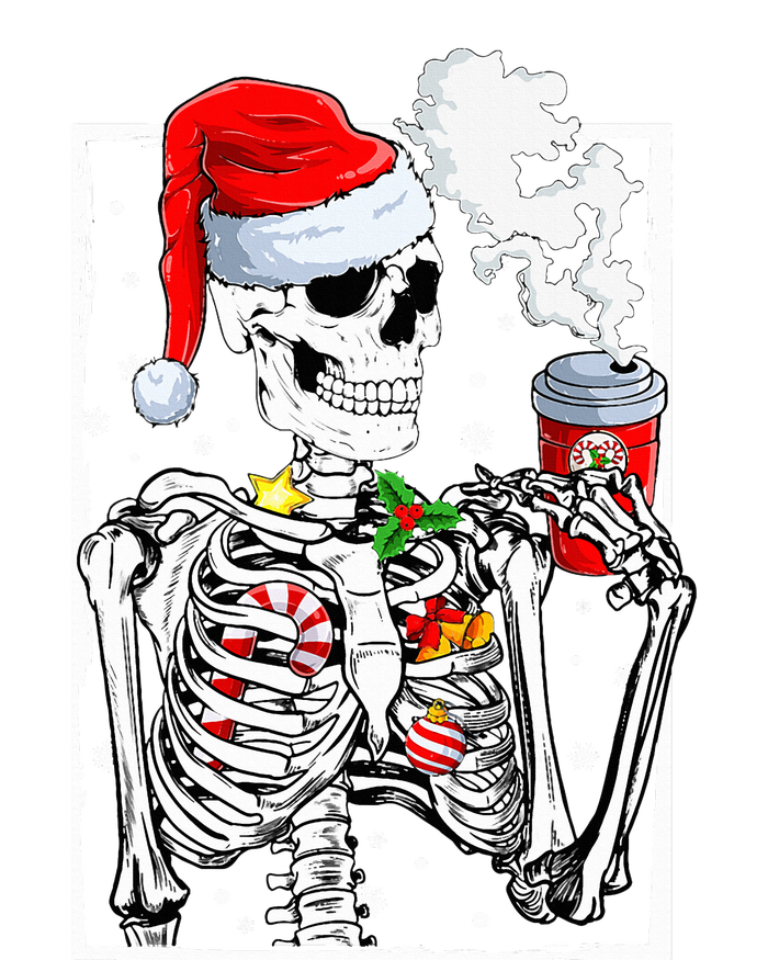 Christmas Skeleton With Smiling Skull Drinking Coffee Latte  T-Shirt