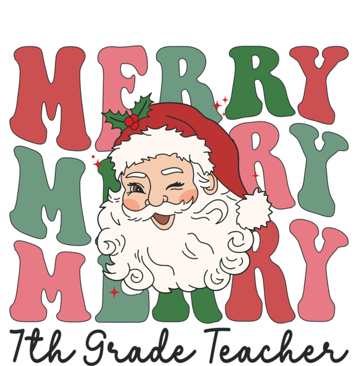 Merry 7th Grade Teacher Retro Groovy Santa Face Christmas Funny Gift Premium T-Shirt