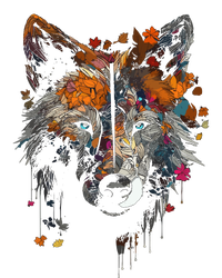 Wolf Autumn Leaves Blue Eyes Animal Art Motif Wolf Tie-Dye Long Sleeve Shirt