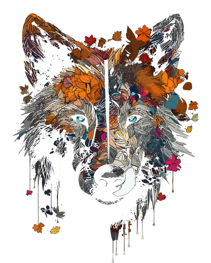 Wolf Autumn Leaves Blue Eyes Animal Art Motif Wolf Tie-Dye Long Sleeve Shirt