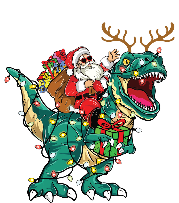 Santa Riding Dinosaur T Rex Deer Christmas Kids Long Sleeve Shirt