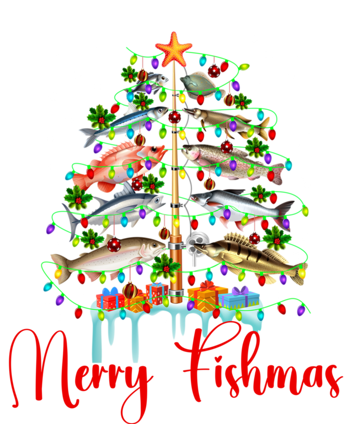 Merry Fishmas Funny Christmas Tree Lights Fish Fishing Rod Women's Racerback Tank