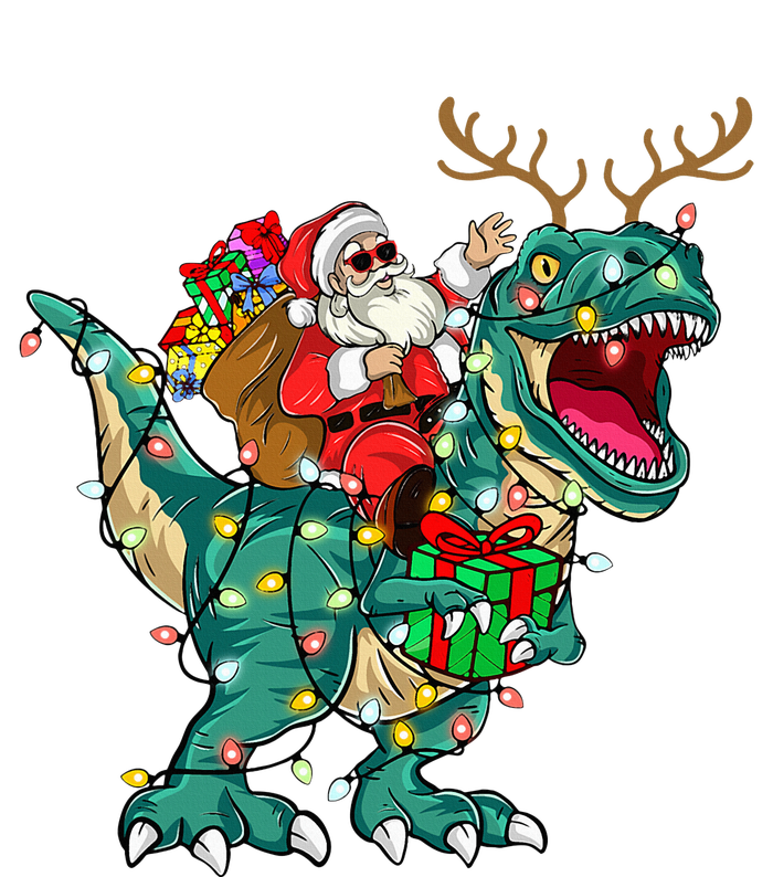 Santa Riding Dinosaur T rex Deer  Christmas Tie-Dye T-Shirt