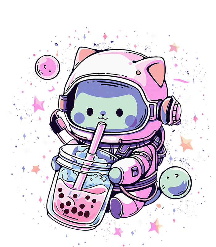 Kawaii Cat Bubble Boba Tea In Space Astronaut Anime Yupoong Adult 5-Panel Trucker Hat