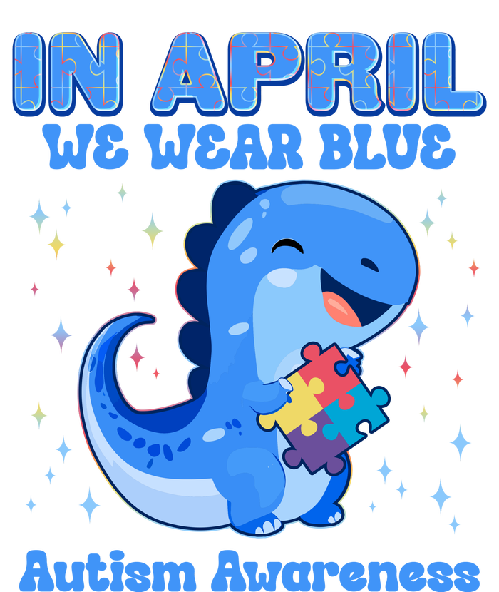 Cute In April We Wear Blue Autism Awareness Blue Dinosaur Stripe Pom Pom Beanie