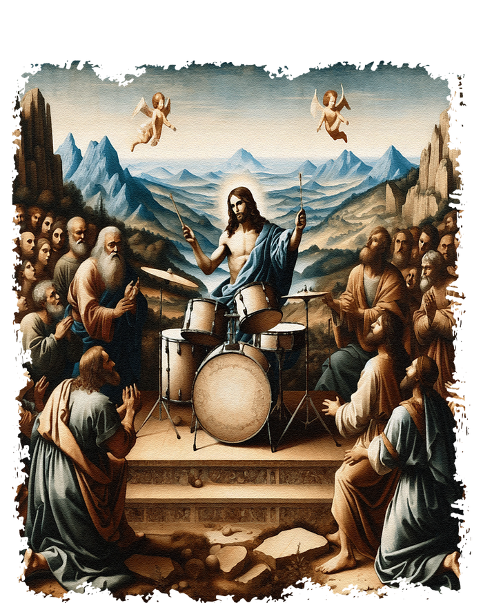 Jesus Playing Drums Funny Christian Drummer Painting T-Shirt