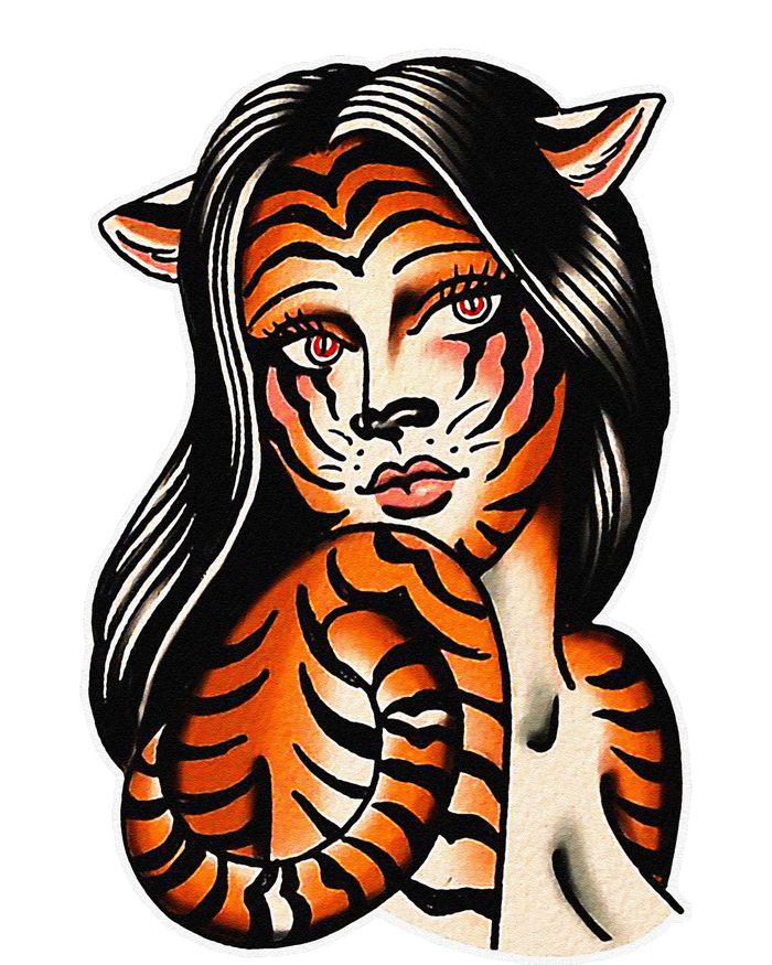 Tiger Girl Pretty Girl Bengal Tiger Traditional Tattoo Flash Sustainable Beanie