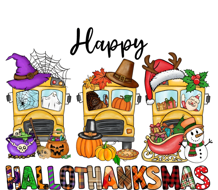 Happy Hallothanksmas School Bus Halloween Thanksgiving Christmas Kids Sweatshirt