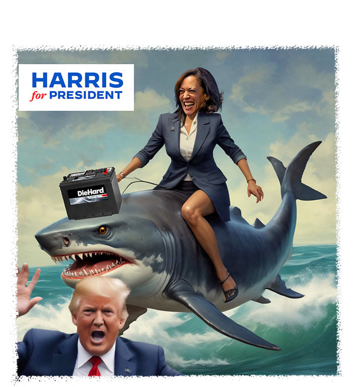 IM With Her Funny Kamala Riding A Shark 2024 President Beat Trump Cropped Pullover Crew