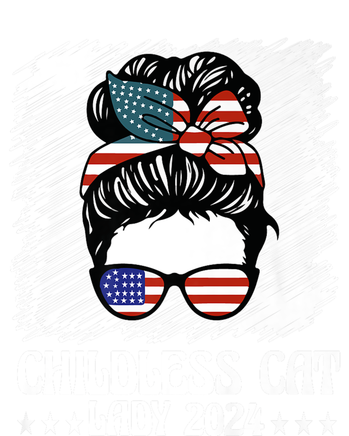 Childless Cat Lady 2024 Groovy Messy Bun American Flag T-Shirt