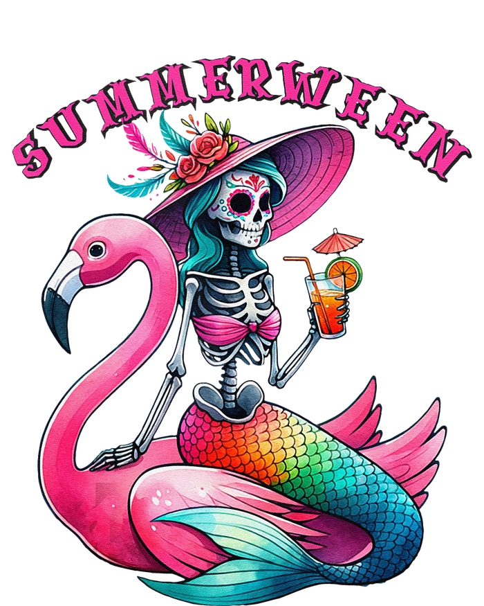 Summerween Mermaid Skeleton Flamingo Summer Halloween Women T-Shirt