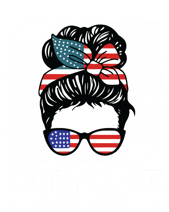 Childless Cat Lady 2024 Groovy Messy Bun American Flag Ladies Long Sleeve Shirt