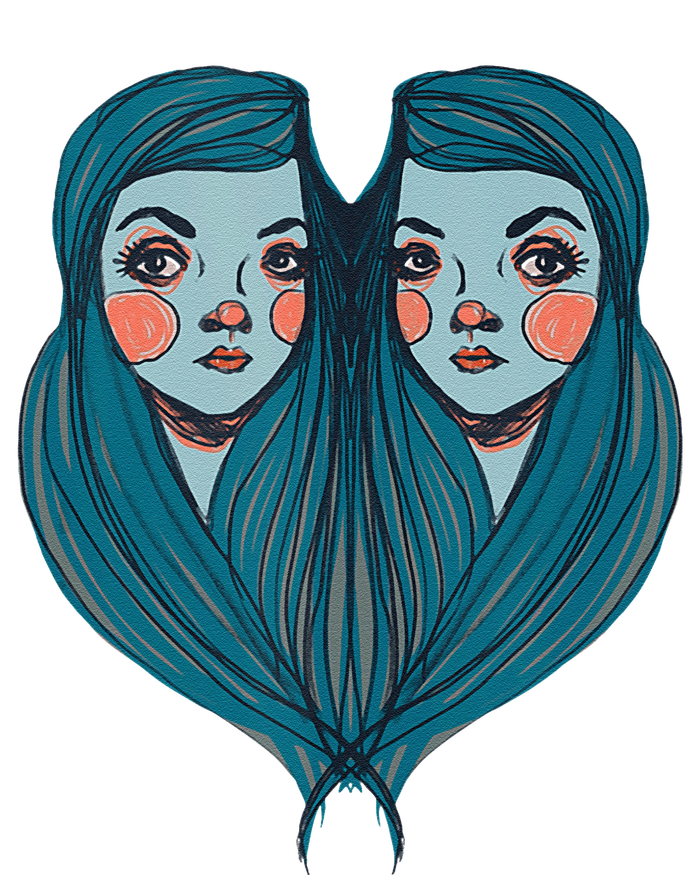 Big Eyes Sad Twin Drawing Retro Mod Blue Hair Kawaii T-Shirt