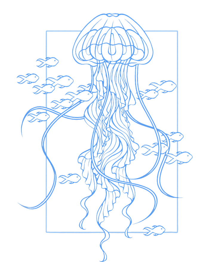 Jellyfish Graphic With Fishes In Sea Dry Zone Grid Polo